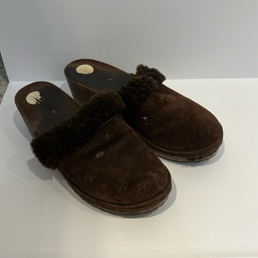 J Crew Brown Suede & Sheepskin Wooden Clogs